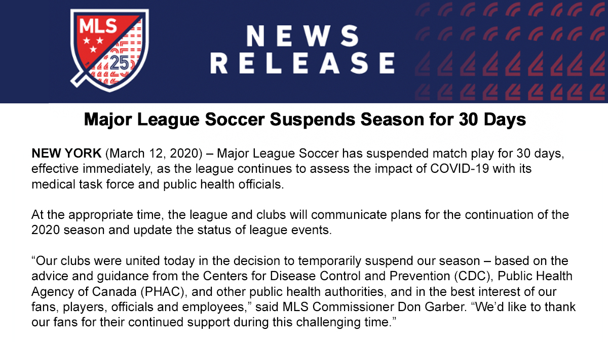 Major League Soccer on X: Major League Soccer Suspends Season for 30 Days   / X