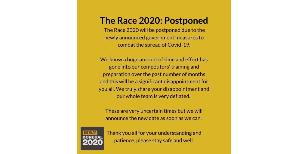 Unfortunately The Race 2020 will be postponed due to new measures to combat the spread of Covid-19. We are truly disappointed for all of our competitors. These are very uncertain times but we will announce the new date as soon as we can. Please stay safe and well.