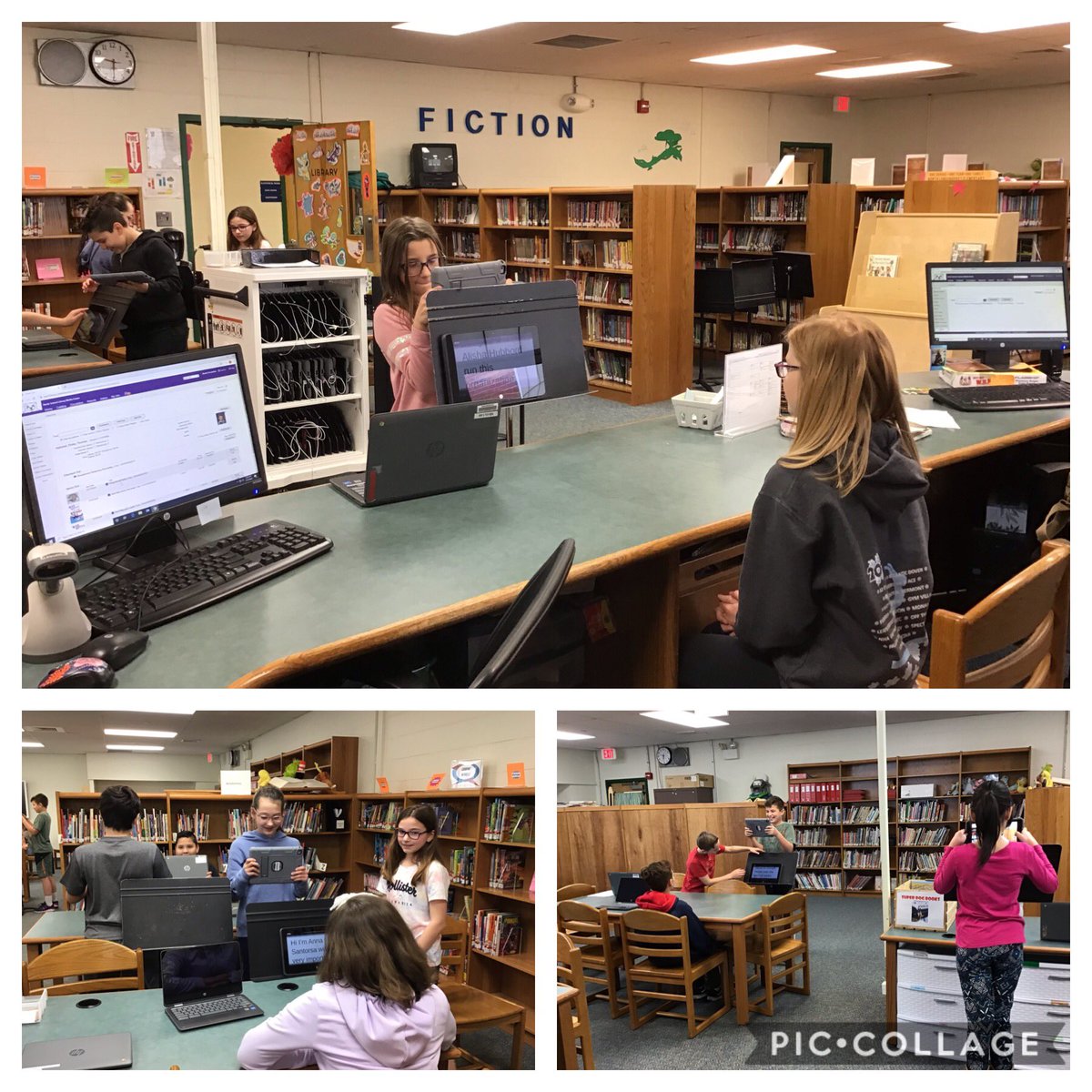 NES_Library's tweet photo. Grade 5 Practicing for the Newscast and using a teleprompter. Video helps us perfect our delivery but it’s SO HARD to watch yourself! https://t.co/2BGfCqt4Az