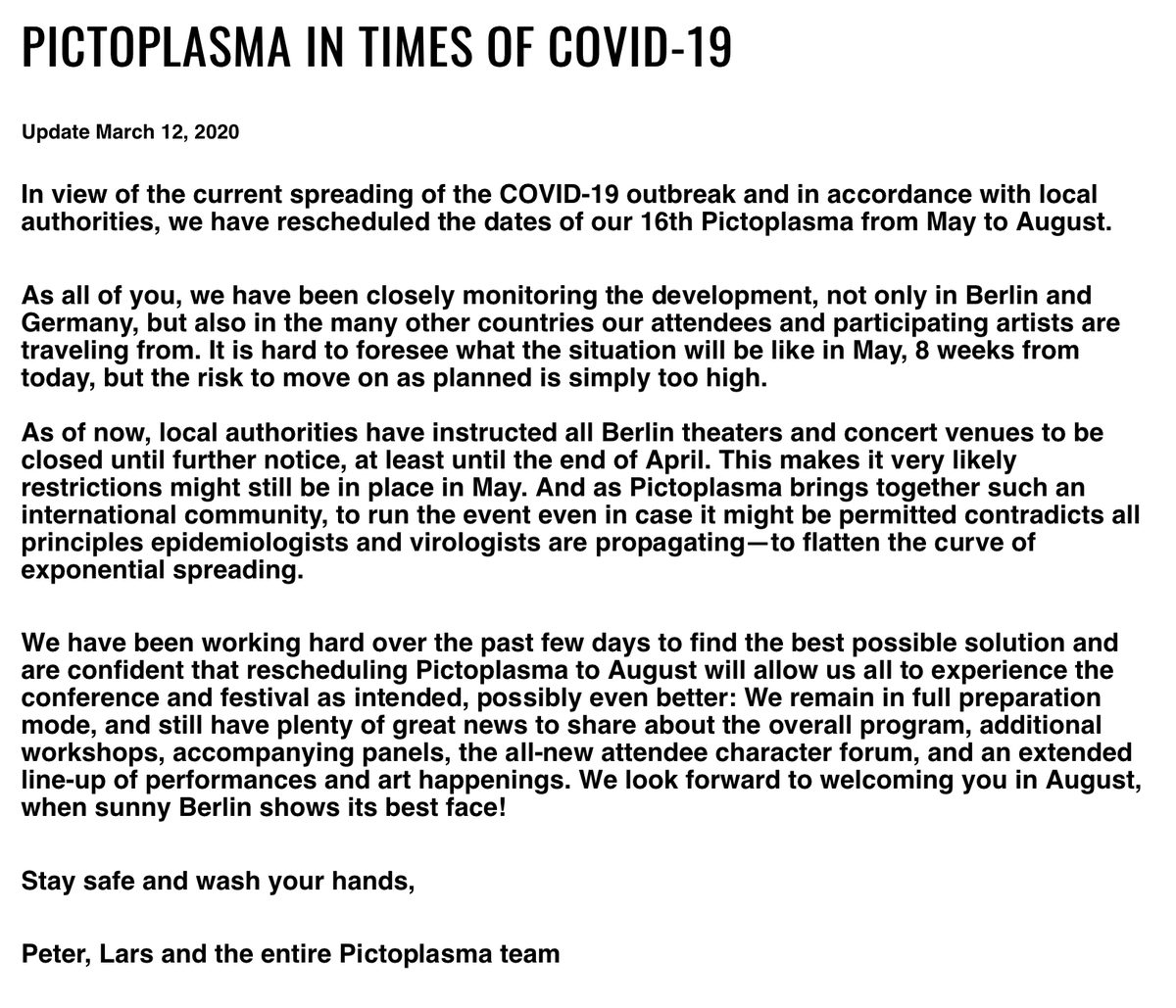 PICTO UPDATE: In view of the global COVID-19 outbreak we have rescheduled the 16th Pictoplasma Berlin from May to August.

These are turbulent times (...but it will be our first ever summer edition).

Stay safe + wash your hands ❤️