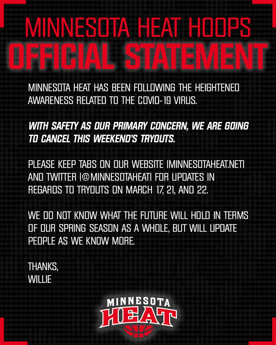 With safety as our primary concern, we are canceling this weekend's tryouts.