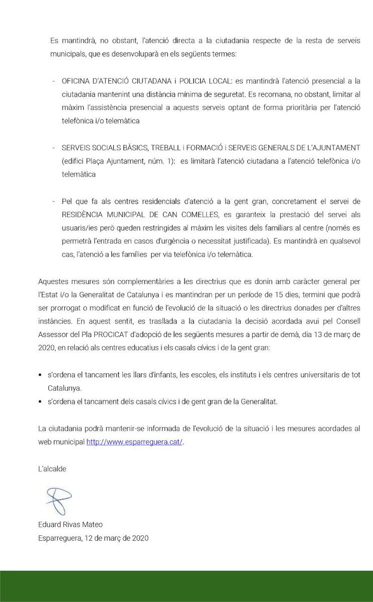 eduardrivas's tweet photo. 🦠 #Ban de l’Alcaldia amb noves mesures per mitigar l’expansió del #coronavirus a #Esparreguera. 👇👀 Llegiu amb atenció! Més informació a https://t.co/eExr3BCES9

🔴 Agrairé si podeu ajudar a compartir. Gràcies per la vostra col·laboració! https://t.co/LofmrQ0dZW