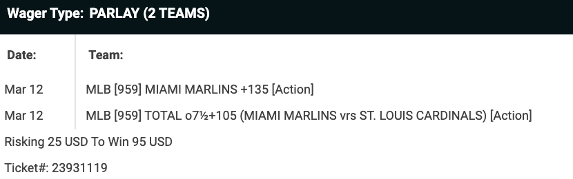 locks_baseball's tweet photo. Today's card:

Yankees +135
Marlins +135
Marlins/O7.5 parlay (+380) https://t.co/z3gs0TQuXW