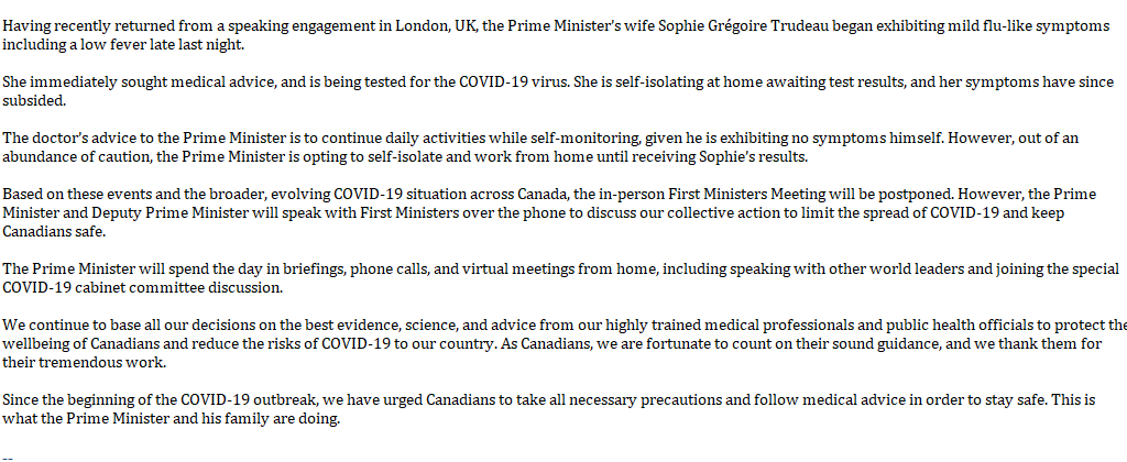 AnnieClaireBO's tweet photo. BREAKING: Canada's Prime Minister is self isolating after his wife, Sophie Grégoire Trudeau, returned from London and started showing "mild flu-like symptoms." As a result, the "in person" First Ministers meeting has been postponed. https://t.co/uLvhetrlb7