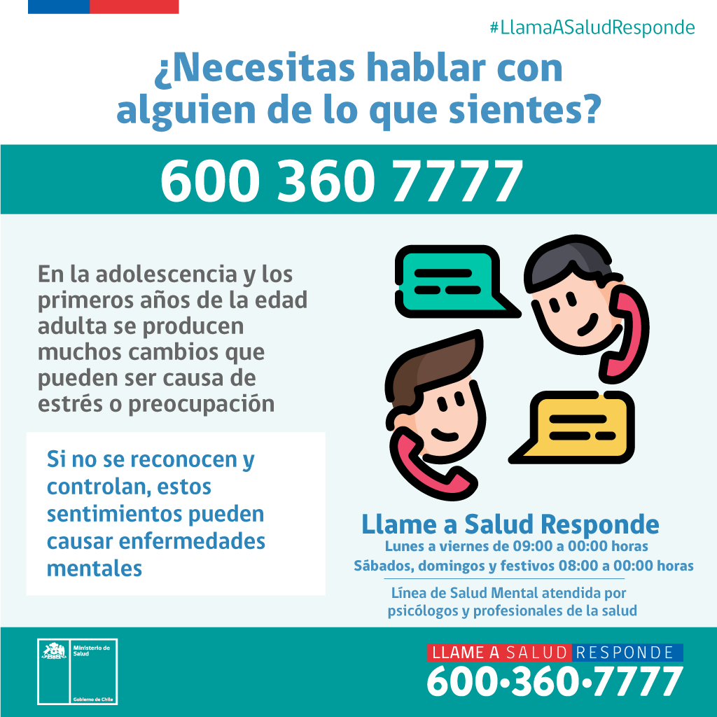 SoterodelRio's tweet photo. Si tus problemas o pensamientos te agobian, crees que no tienen solución y no sabes con quién hablar #LlamaASaludResponde. Cuentan con psicólogos y profesionales de salud para orientarte.
@Salud_Responde 📲 600 360 7777
#CASR #SSMSO #Salud #Chile #SaludResponde https://t.co/VnGGOKZ5St