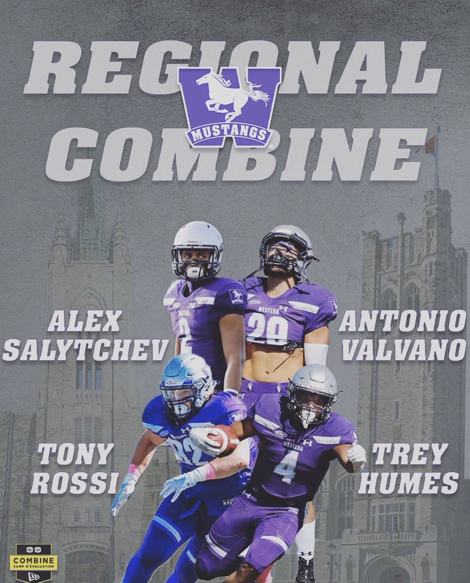 Best of luck to our <a href="/WesternMustangs/">Western Mustangs</a> DB Alex Salytchev, DL Tony Rossi, FB Antonio Valvano and RB Trey Humes at the Toronto <a href="/CFL/">CFL</a> Regional Combine! #RunWithUs #WesternU