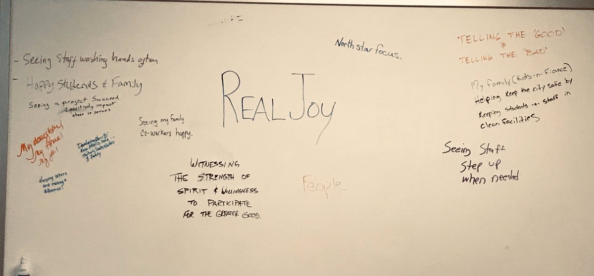 DistrictOperat1's tweet image. DOS Leadership team members were asked, “What does #REALJoy mean to you?”
People
North Star Focus
Stepping up
Safety
Being ‘real’
Strength of spirit
Service
Positive impact
Values of a leadership matter throughout an organization! #OPSProud #DOSStrong #ilovemyjob