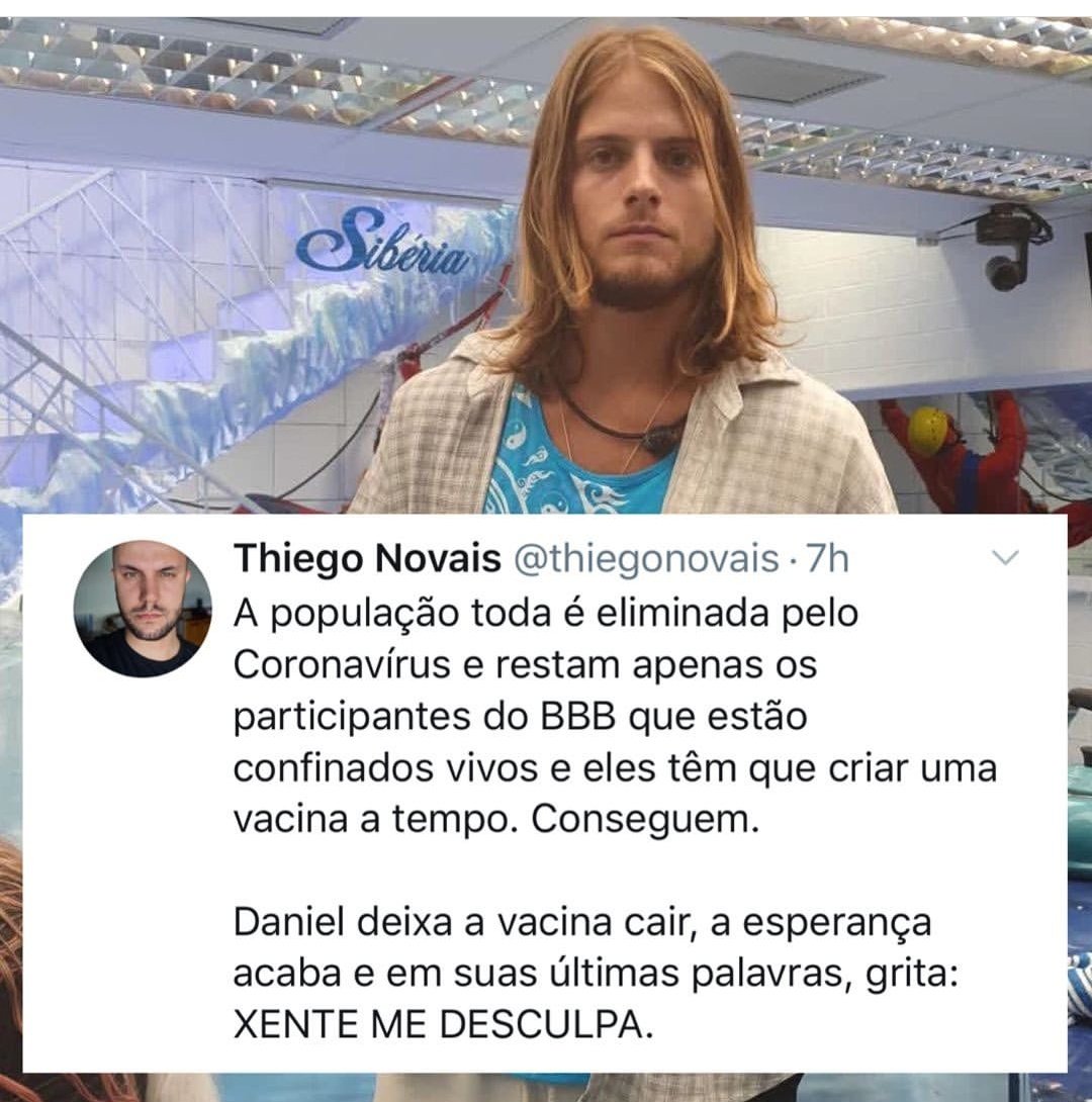 YuriCollins8's tweet photo. Corona virus esta acabando com o mundo.
.
.
.
E a salvação so depende do Daniel. E todos morremos kkk
#bbb20 #coronavirusbrasil #bb #DanielExpulso #Danielbroxando https://t.co/Te7sIeTYrH
