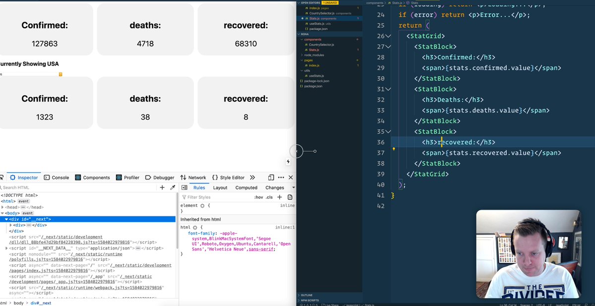 wesbos's tweet photo. Found a new API from @mathdroid that lets you pull in Coronavirus data. 

Threw together a quick video showing how to use it with React + Hooks. 

Upload might finish one day. https://t.co/q9osRjRFCy