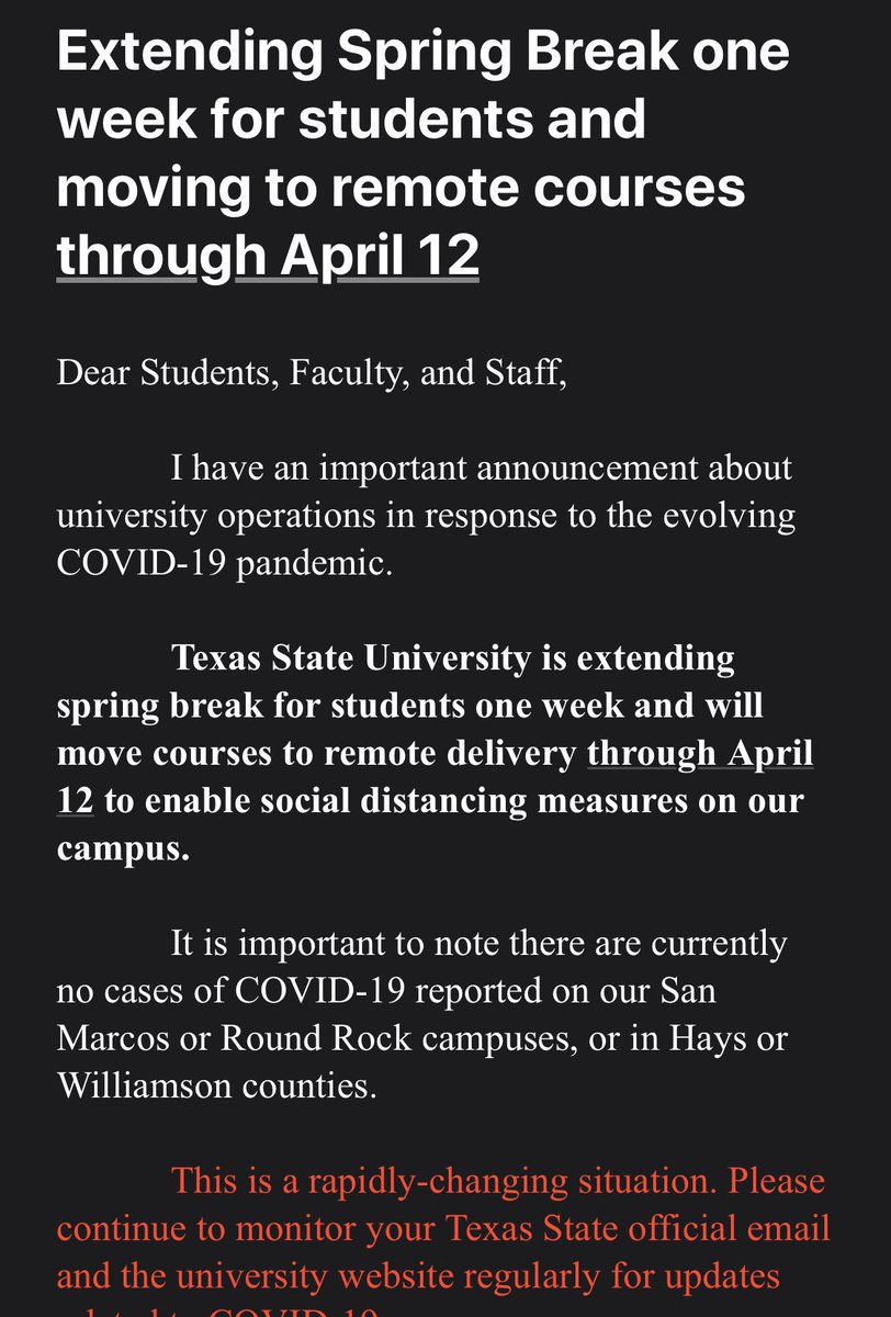 Spring Break will be extended by one week and classes will be conducted online through April 12th.
Please continue to check your Texas State email for updates as things are rapidly changing.