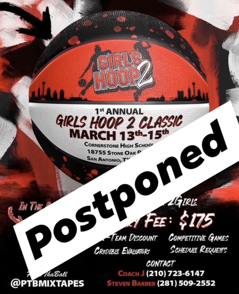 🚨Announcement🚨

Due to recent events concerning the 
coronavirus outbreak the Girls Hoop 2 Classic (Mar 13-15, 2020) has been (postponed). We appreciate your commitment to our tournament, but the safety of the players/parents are of the utmost importance to us. Take care!