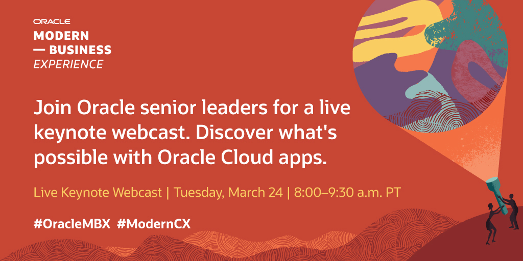 Oracle's tweet image. Tune-in to the Modern Business Experience LIVE webcast, March 24 at 8AM PT/11AM ET. Register today for FREE and join this interactive online event. #OracleMBX #ModernCX

oracl.info/jjNR50yJZLF