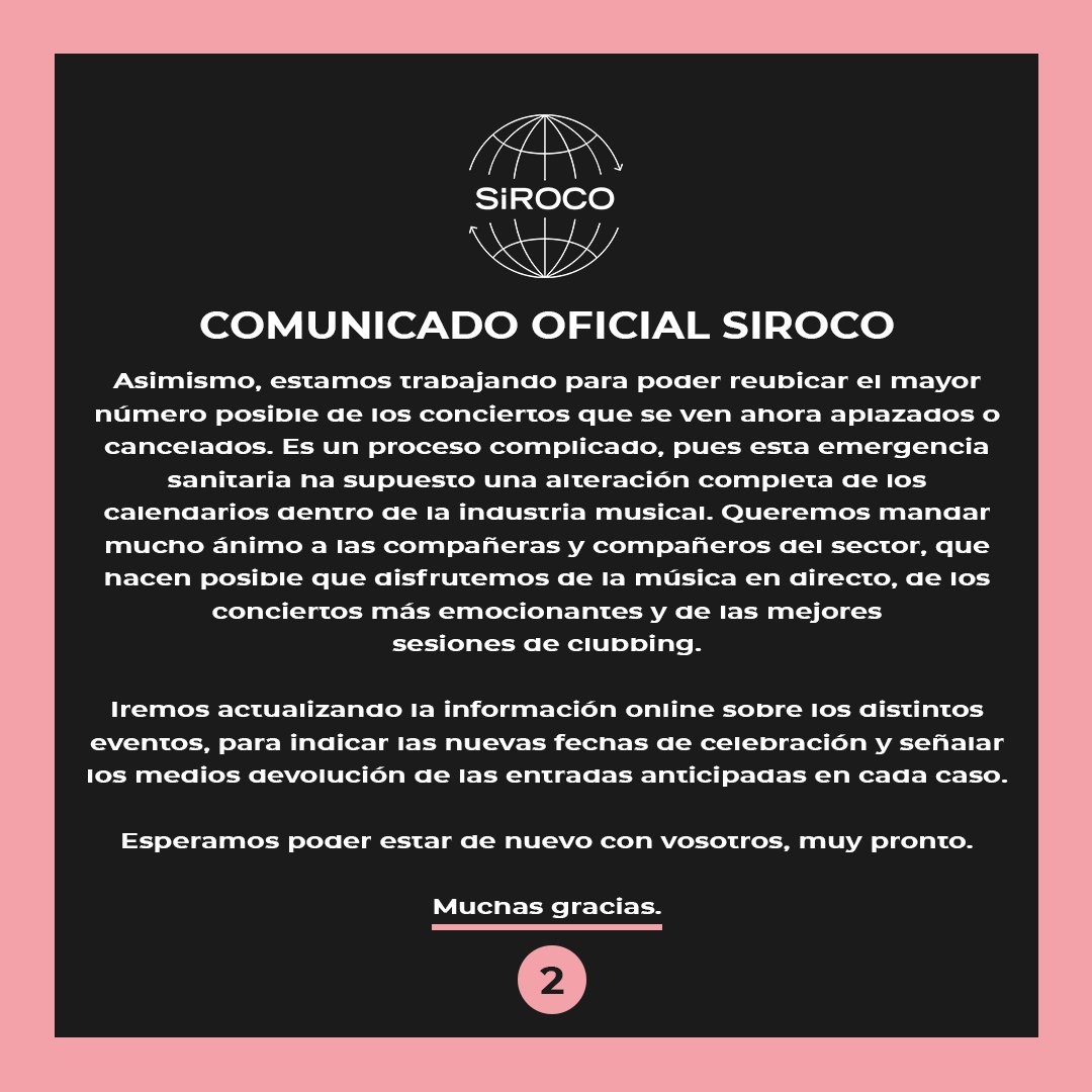 ❗COMUNICADO IMPORTANTE❗ Siroco suspende su programación (conciertos, clubbing y fast expos) hasta nuevo aviso. Seguiremos informando puntualmente. #Siroco #SalaSiroco #Cancelación #Madrid #Coronavirus #Covid19