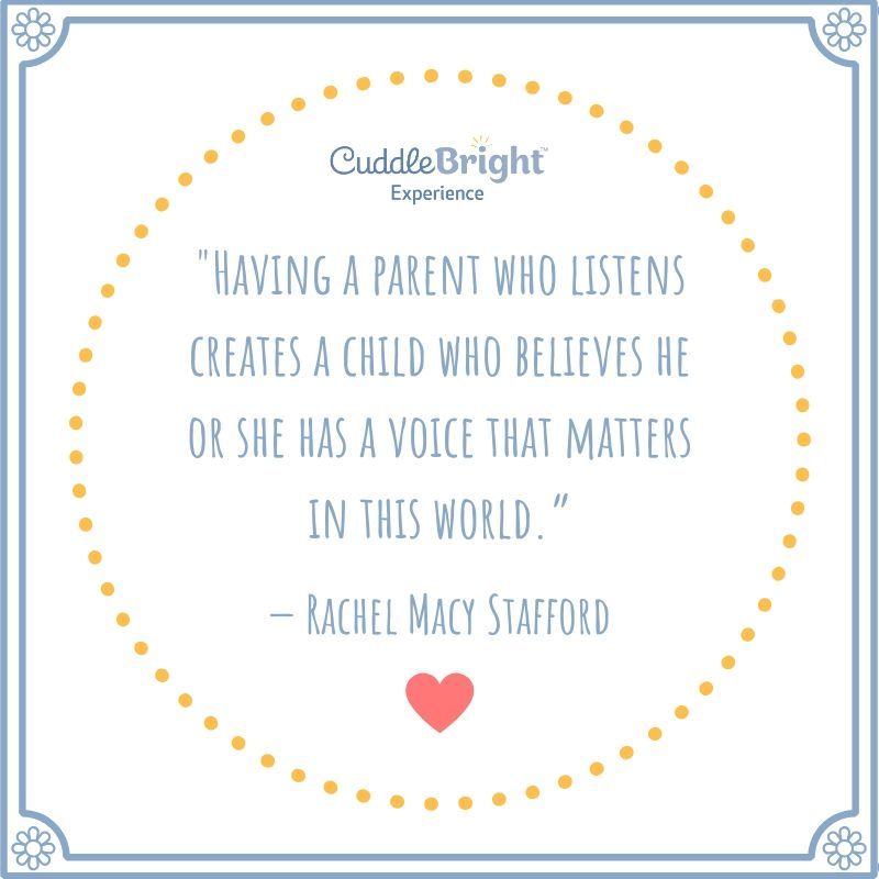 CuddleBright's tweet photo. “Having a parent who listens creates a child who believes he or she has a voice that matters in this world.” – Rachel Macy Stafford 💙 #CuddleBright #parentingquote #parenting #zerotothree #childdevelopment #bondingwithbaby #rachelmacystafford #CuddleBrightExperience https://t.co/wI3Y7pFnpC
