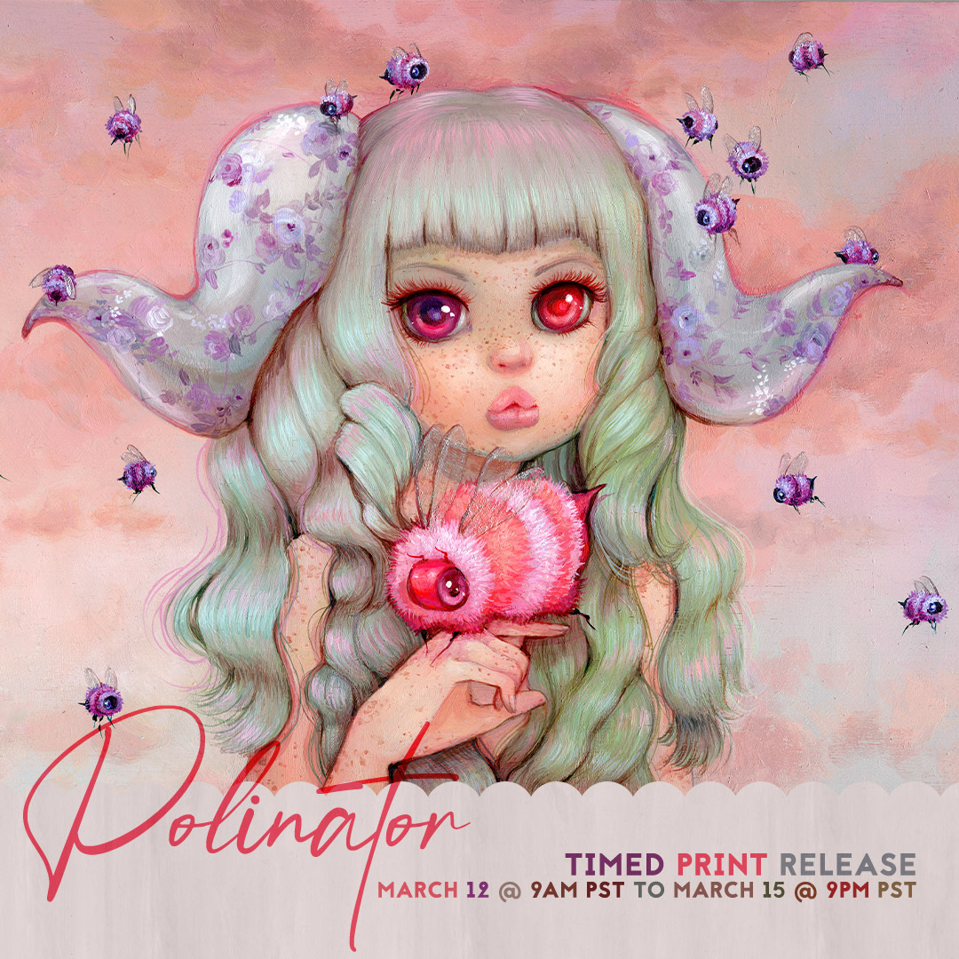 Helmetgirl's tweet photo. Now available to buy! Timed limited edition print Pollinator is LIVE at https://t.co/zMDmSyYJBz and https://t.co/OBqFFRcPVy from March12-15th ONLY! ay. Head to my Etsy shop and online store to order yours before 9PM PST this Sunday, March 15th. #timedrelease #eccconline #beeart https://t.co/Y7vN9nLOKV