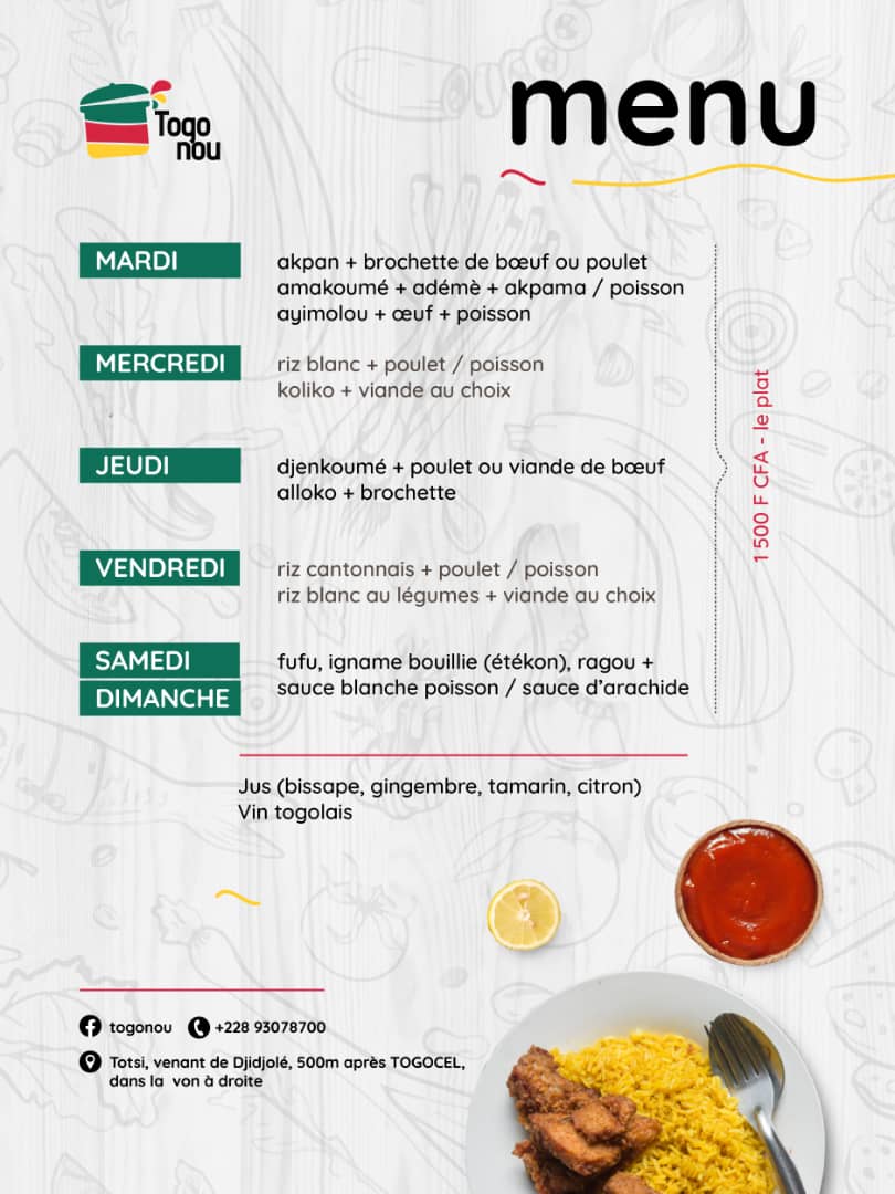 le menu au complet pour vous.
restaurant togonou, 100% local au togo
alors qu'attends tu pour nous visiter?
#togonou
#mivadoui
#togolesefoods