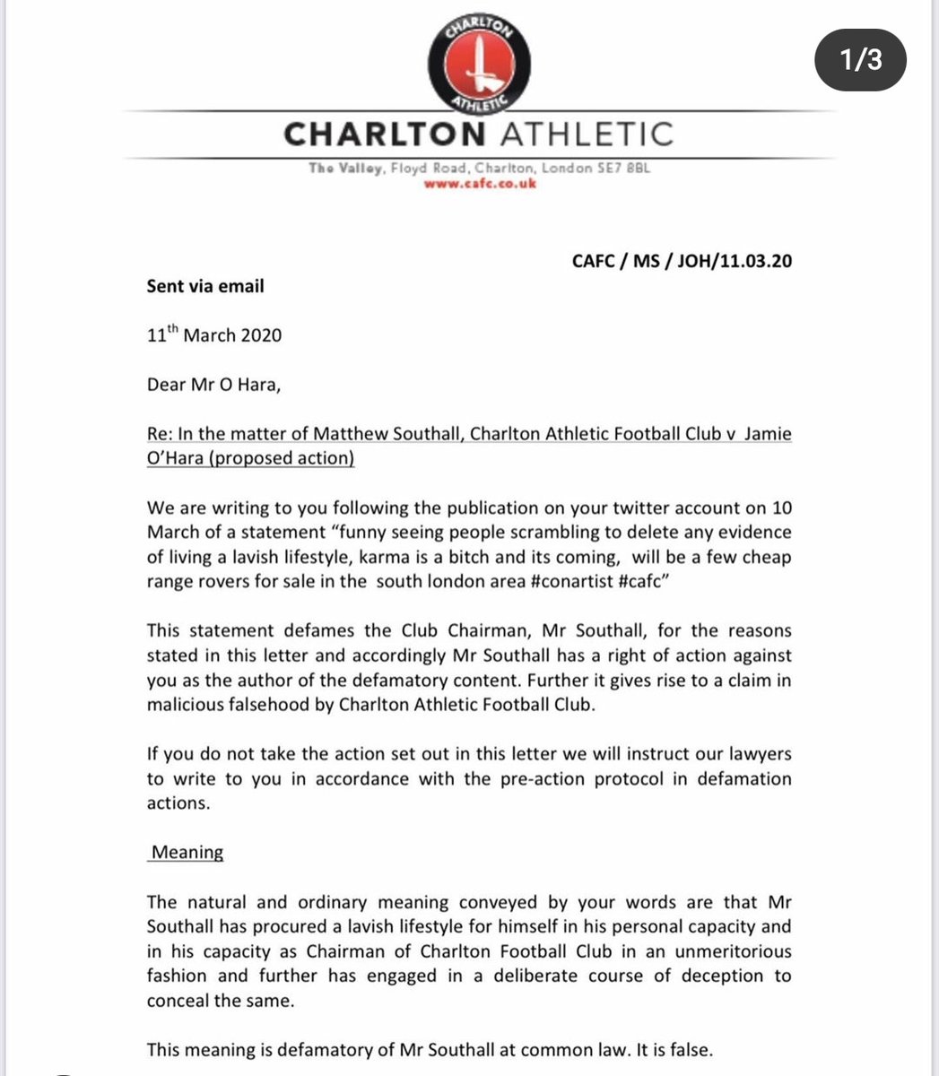 DJD305's tweet photo. So now our joke of a Club Chairman is using the Charlton Athletic lawyers to threaten Jamie O'Hara with defamation over a now deleted tweet. 

Think it's time you do one mate.

@MattSouthall84 

#CAFC #Charlton #DoOneSouthall https://t.co/PkdYKaKABq