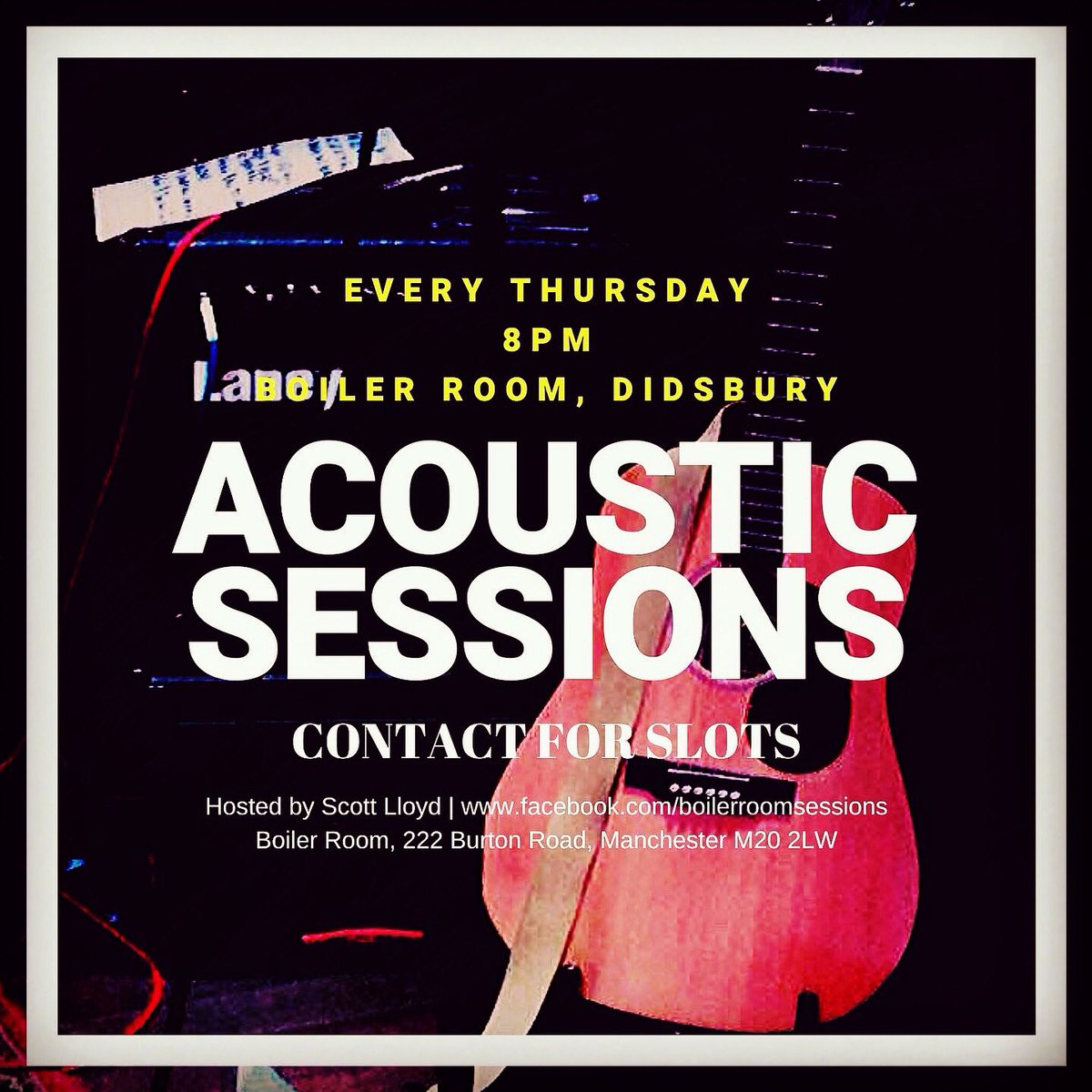 :: TONIGHT ::

We are back at the Boiler Room in Didsbury for another round of the Acoustic Sessions! 🎸

Featuring 🎵
Joe Travers
Robert Crampton
Sim
Scott Lloyd 
Ade Fabola
Ben Ward
Nat Blooms

Music starts at 8pm and good times will follow 😊🎵
