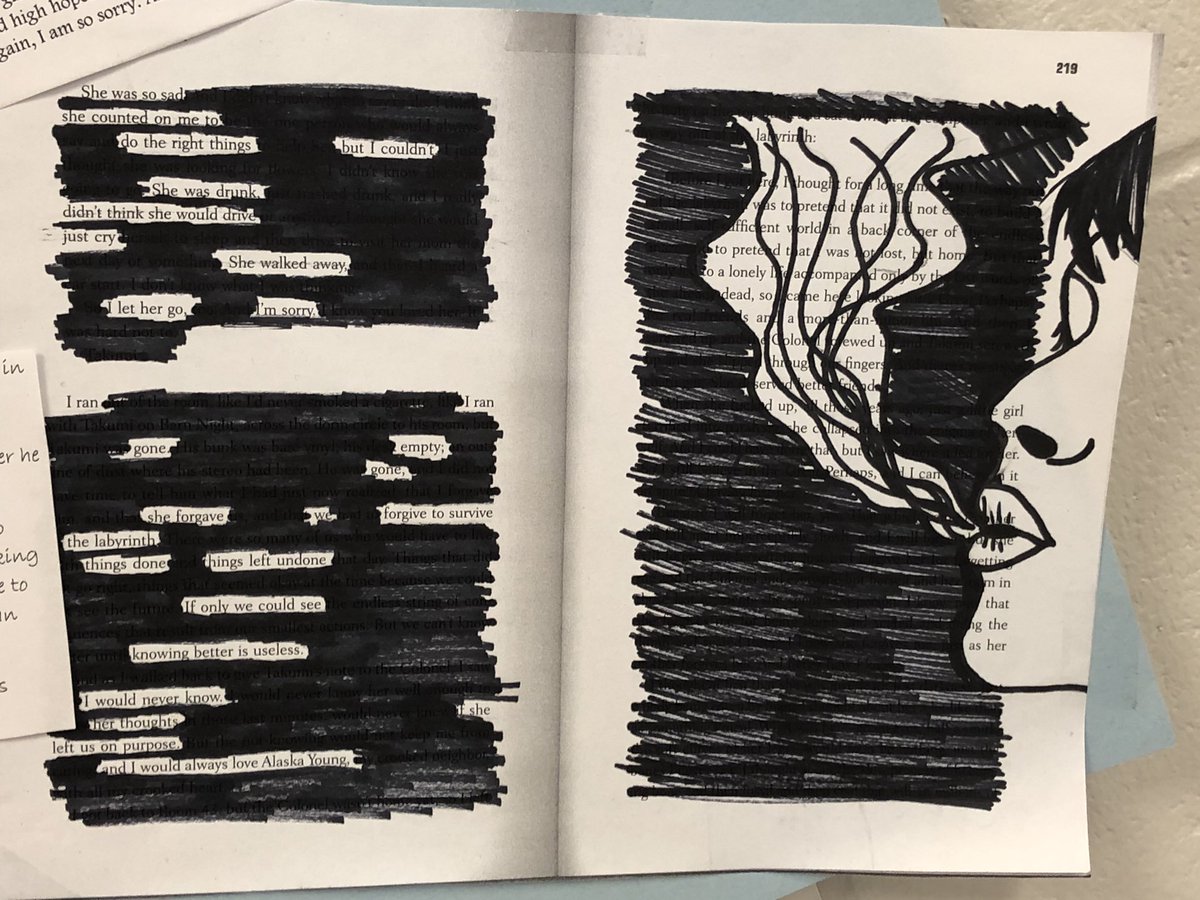 SammiKateP's tweet photo. We gave our students the challenge of creating blackout poetry pieces for one of their four multi-genre artifacts... I think they nailed it!!! #btshowcase #studentvoice #soa #proudteachers https://t.co/w4pOwWhol2