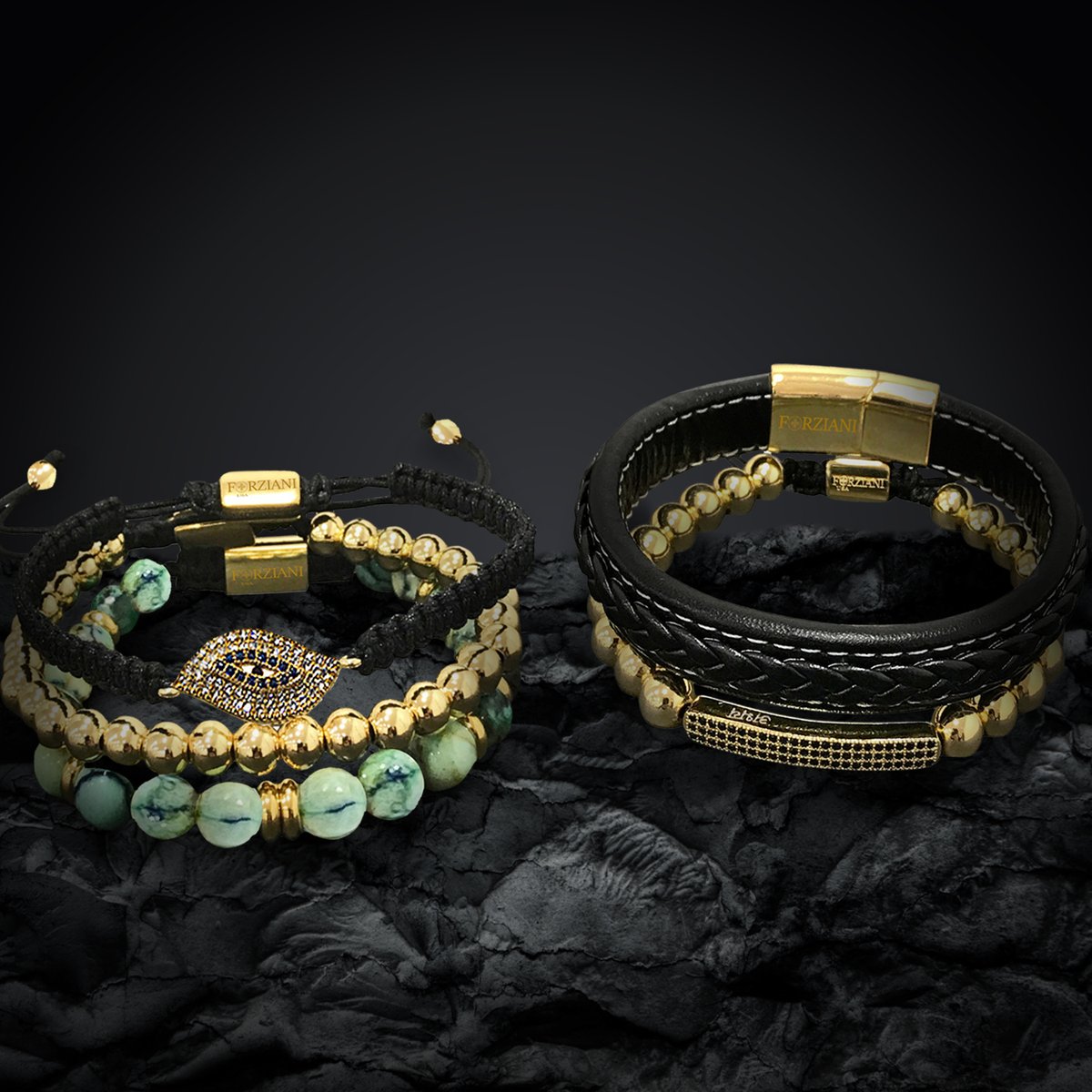 Forziani's tweet photo. Warm gold tones, rich deep blacks and neutral gemstones make Forziani’s favorite bracelets luxurious, travel-ready essentials. Link in bio to shop our NEW Stacks for Men. #joinforziani https://t.co/Rm9wN98ze1