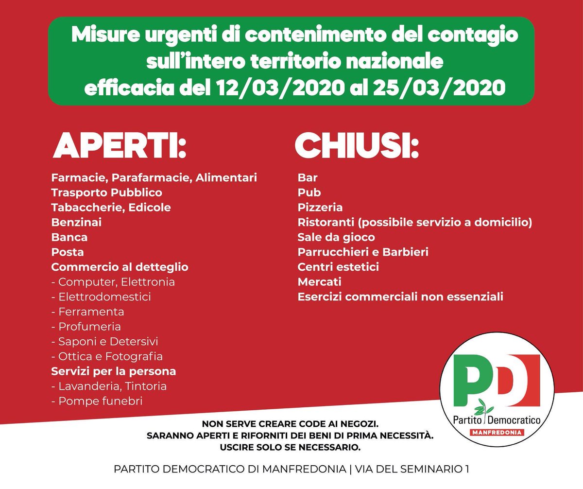 pdmanfredonia's tweet photo. Misure urgenti di contenimento del contagio sull'intero territorio nazionale con efficacia dal 12 marzo 2020 al 25 marzo 2020. https://t.co/JftwXPdF93
