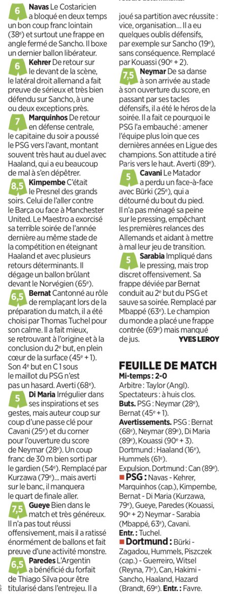 Les notes des joueurs parisiens face à Dortmund. #PSG #PSGBVB (L’Équipe/Le Parisien)