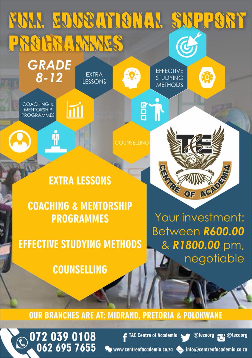 ramehlape's tweet image. Polokwane people, weʼre ready for you. Do you have a child, sibling or cousin who is in grade 8-12 and they need educational support? A full package nogal. Try us. See further details on the poster below.
#extralessons #extraclasses #coaching #mentorship #counselling #Polokwane