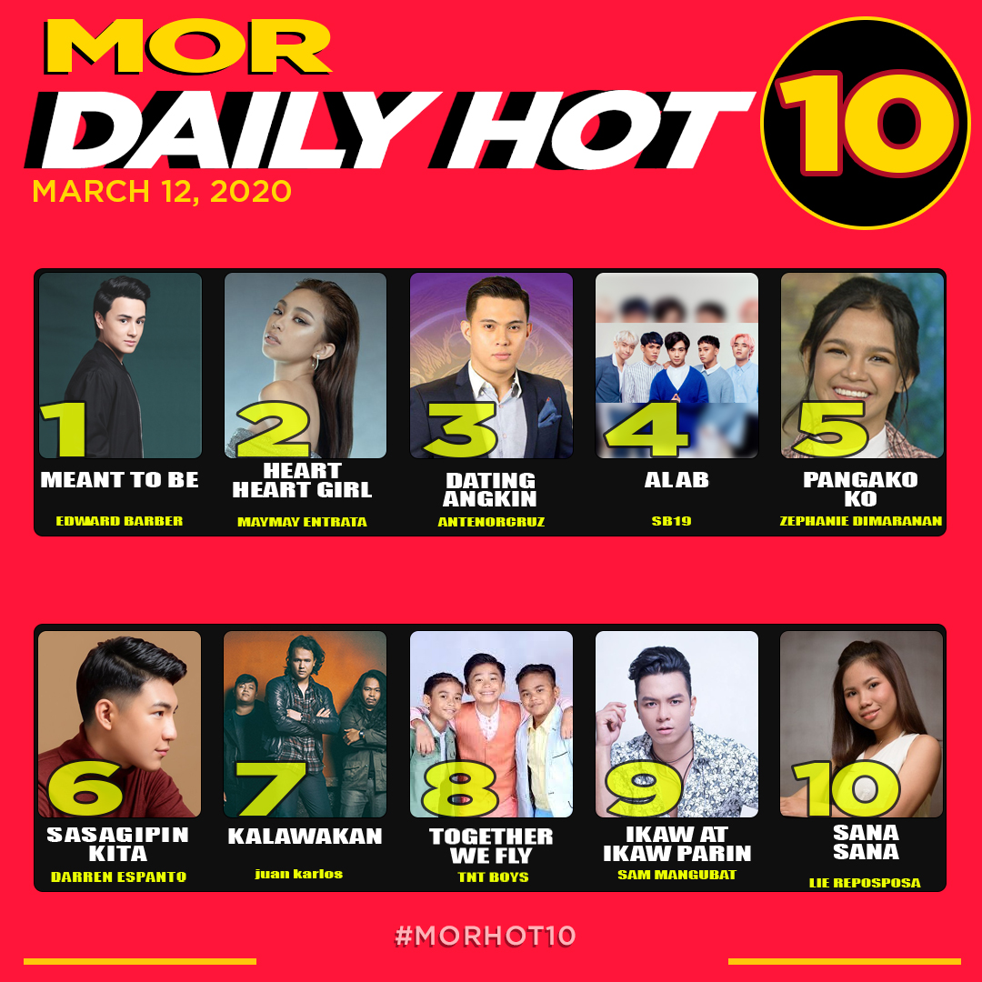 MORentPH's tweet image. Narito kaMORkada ang mga kantang pasok sa ating MOR Daily Hot 10, March 12, 2020!

Gamitin ang ating official hashtag: #MORHot10