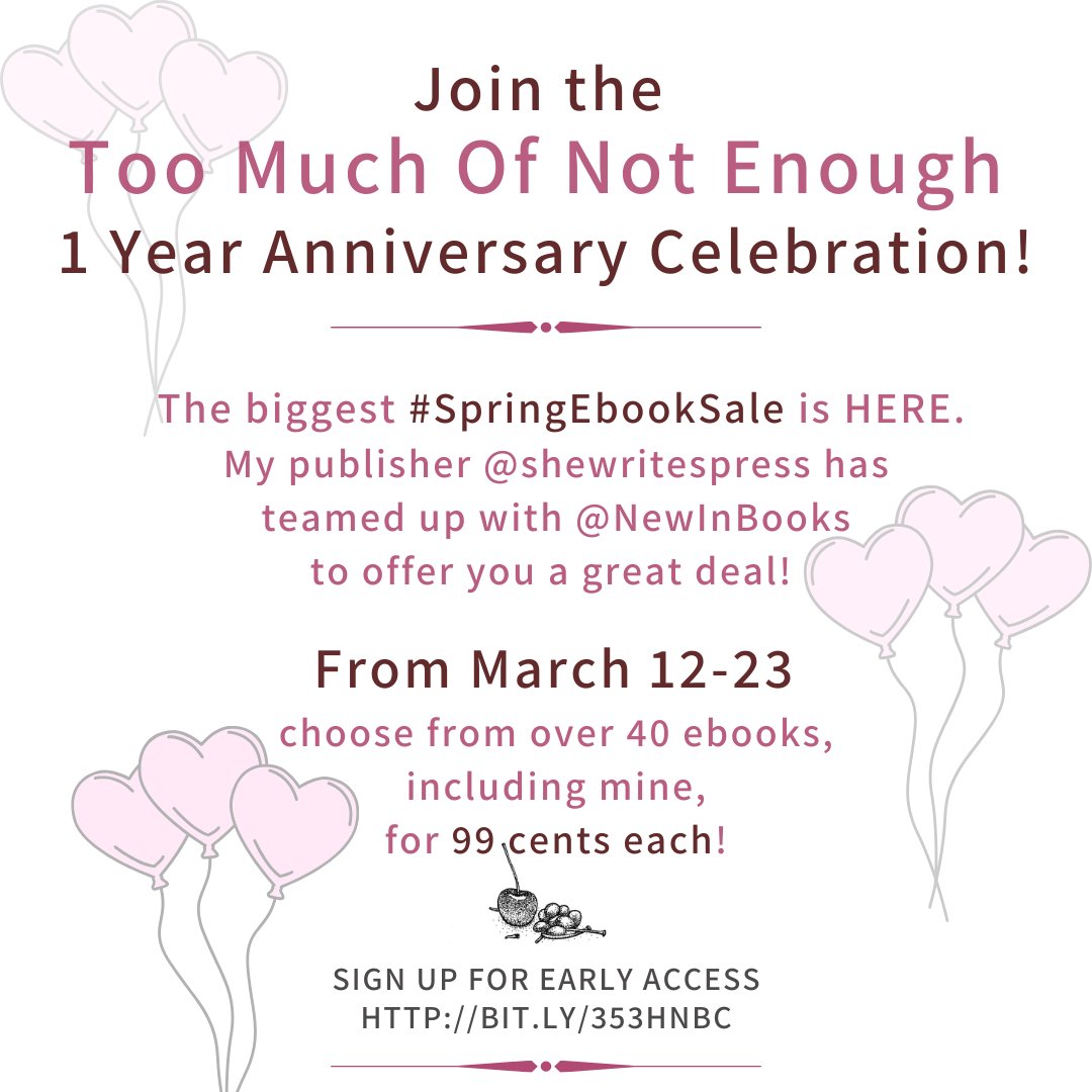 janepollak's tweet image. Join me in the 1 Year Anniversary Celebration of Too Much Of Not Enough. Get it &amp;amp; other eBooks for 99¢ STARTS 3/12-23 @shewritespress @GoSparkPress @NewInBooks @BargainBooksy #springbreakreading #sSpringEbookSale bit.ly/353HNbC