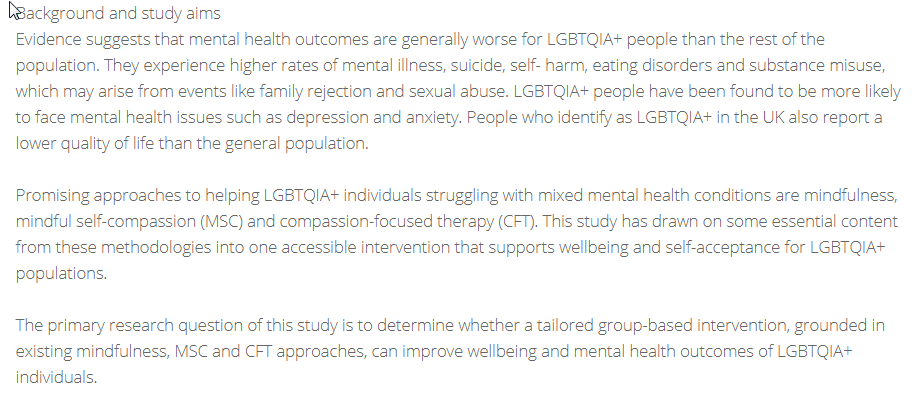 ISRCTN's tweet photo. Examining a #mindfulness and compassion-based self-care intervention tailored for the #LGBTQIA+ community
#RainbowMind study registered at #ISRCTN
https://t.co/vBRKzOJ9rh
https://t.co/irxxNXdddD
@mindsrainbow @mindchwf @mindinsalford @geogovuk #radicalselfcare #RadSec https://t.co/Bw5VZLKa0v