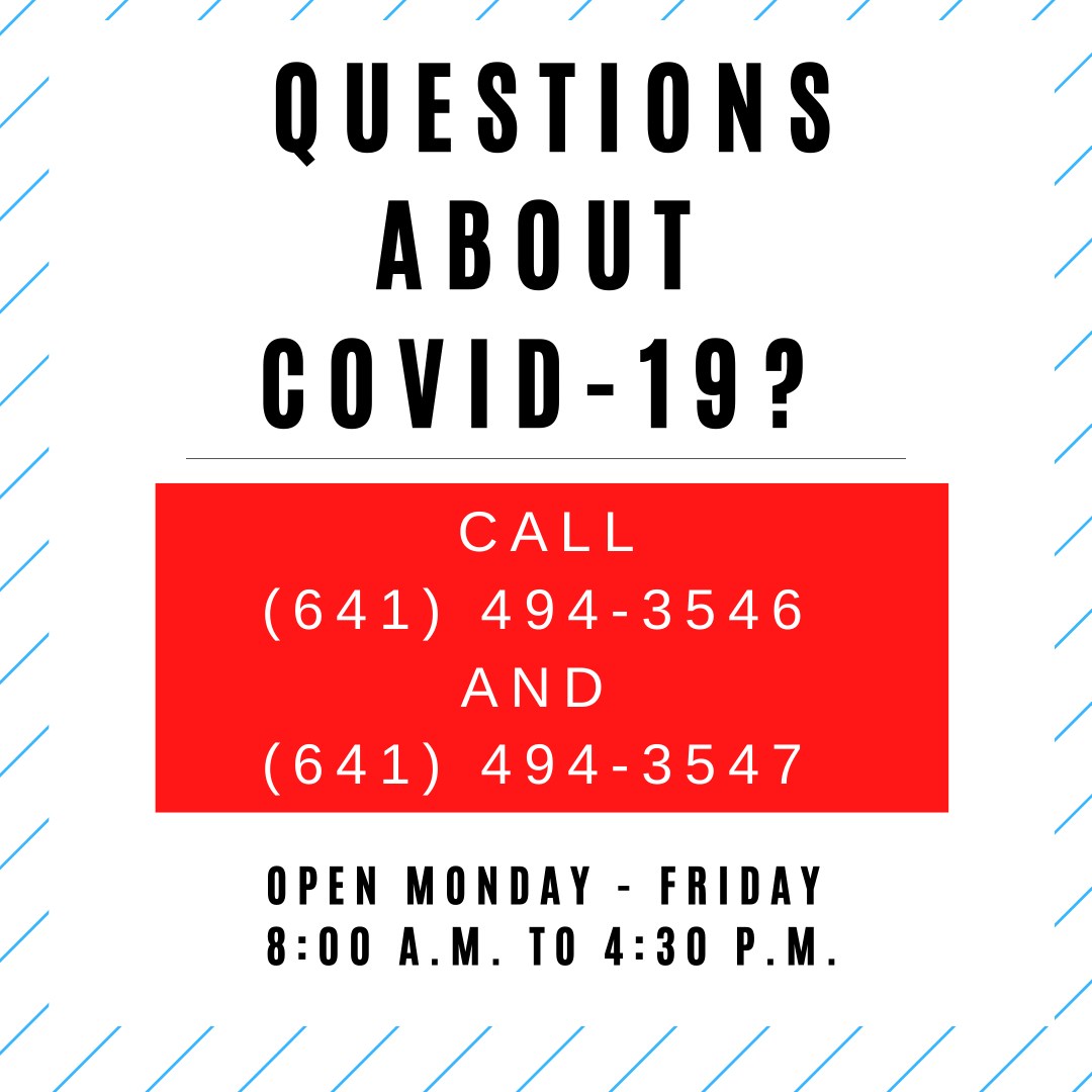 CGPublicHealth's tweet image. Cerro Gordo County Call Center for COVID-19 is open 8:00 am to 4:30 pm starting TODAY! If you have questions or concerns, please call (641) 494-3546 or (641) 494-3547.