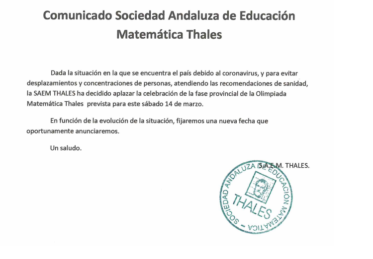ThalesJaen's tweet photo. La SAEM THALES ha decidido aplazar la celebración de la fase provincial de la Olimpiada Matemática Thales prevista para este sábado 14 de marzo.     
@saemthales @fespm_es https://t.co/VjpQ8nSqYJ