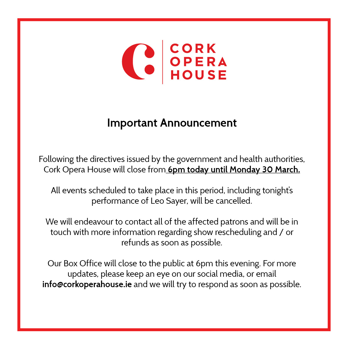 Cork Opera House on Twitter "**Important Announcement** Following the