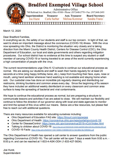 1Railroader's tweet image. Notice to our families:
Coronavirus COVID-19 letter 3.12.20 - docs.google.com/document/d/e/2…