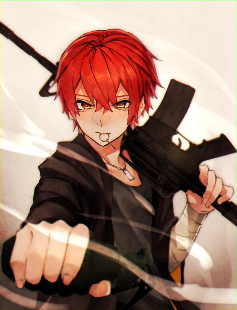 weapon gun 1boy male focus solo red hair rifle  illustration images