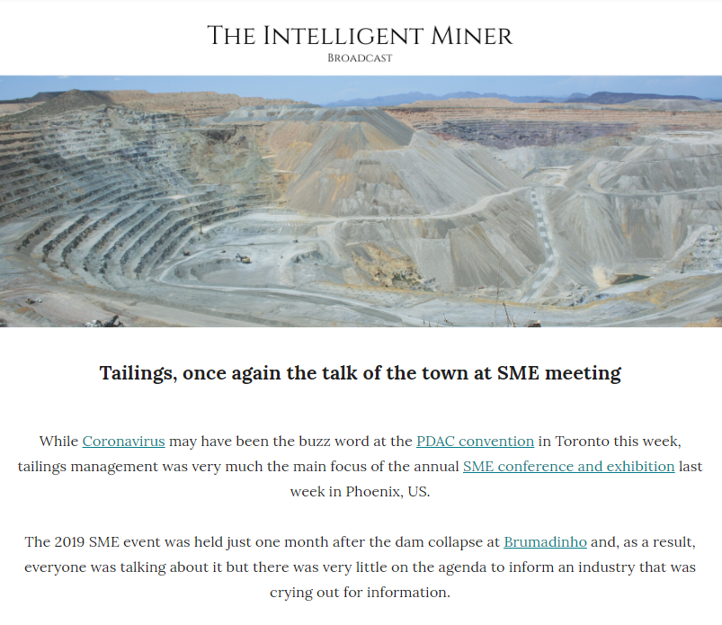 CarlyLeonida's tweet image. Did you catch #TheIntelligentMiner Broadcast this month? It&apos;s all about #MineXchange2020 and the event&apos;s focus on #tailings management. Read it for free here bit.ly/3aPY4TI #mining #miningindustry #Sustainability