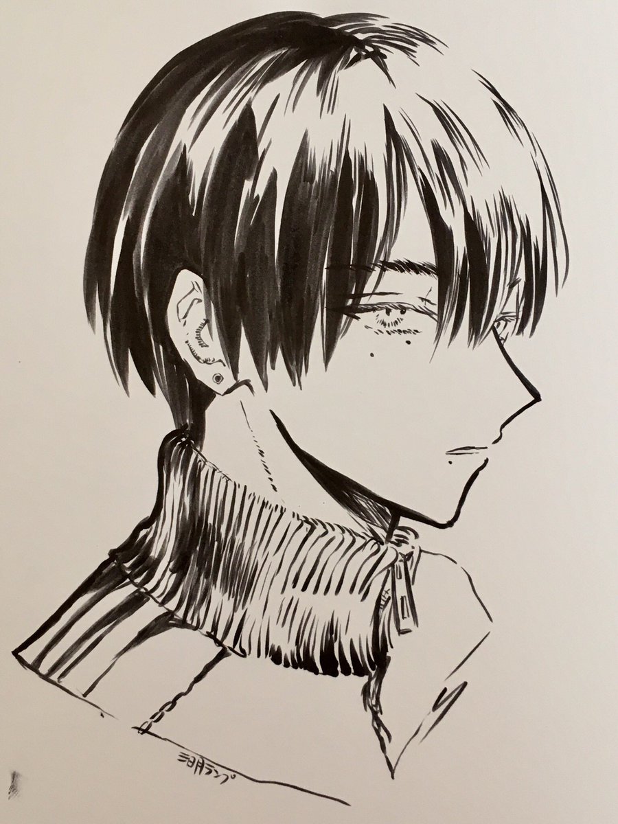 また筆ペンだけで描いたらくがき、
これは普段ちゃんとしたスーツ着てるピシッとしたタイプの青年が家では高校のジャージ着てるみたいなギャップというリクエストにより描いた 