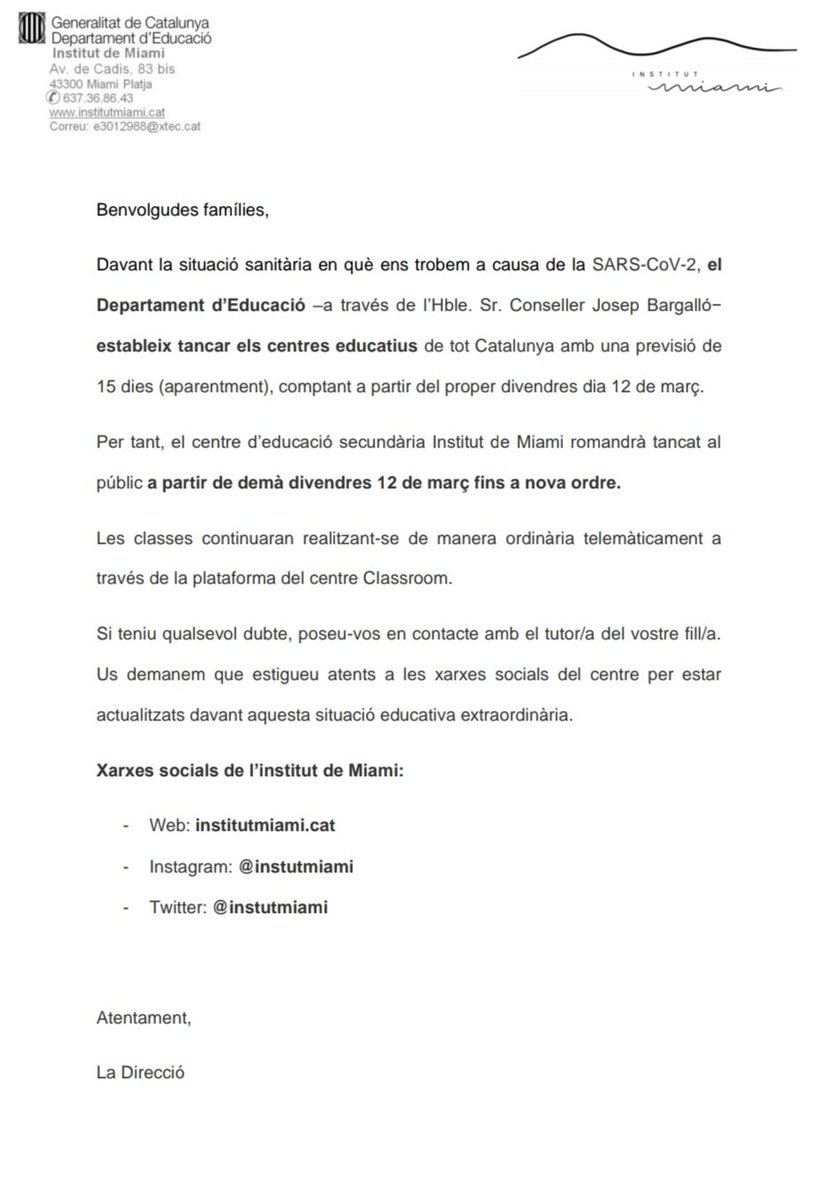 Us fem arribar l'última circular sobre la situació sanitària actual. El centre romandrà tancat des de demà dia 13 de març i fins a nova ordre. Estigueu atents a les xarxes socials que anirem actualitzant la informació.
