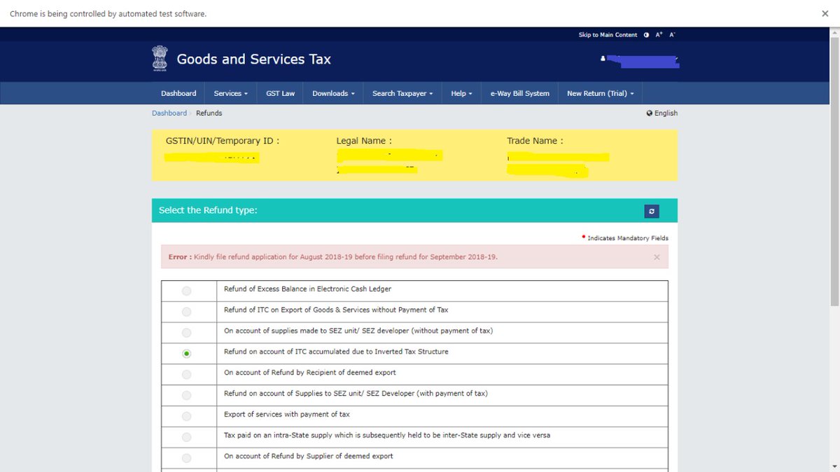aarchanay's tweet photo. Unless we file the previous refund application, we can't even open the new application, forget working on it. Utility is another big pain. How will someone work on refunds when we need to file monthly returns. Allow working. You may disable filing unless previous month filed. https://t.co/S2p5sywtkC