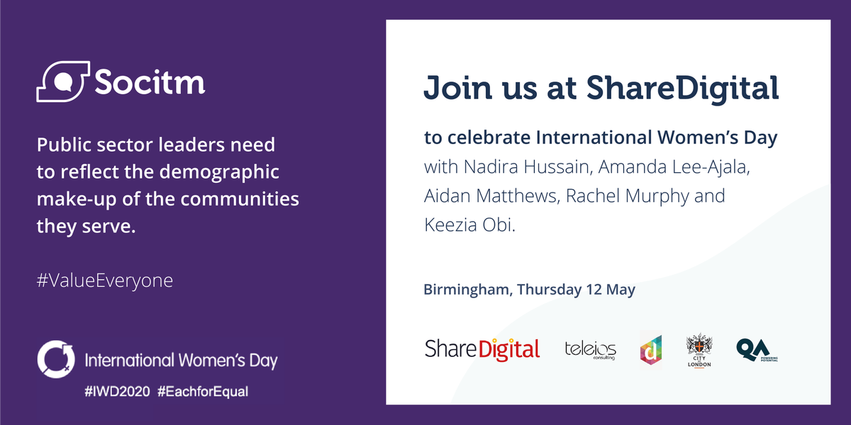 Socitm's tweet image. We're counting ⏰ down to this afternoon's #IWD2020 women in IT meeting at 15.00. So looking forward to hearing from @nadirahussain44 Amanda Lee-Ajala, Aidan Matthews, @Rachel0404 and Keezia Obi. Lots to share and learn....and enjoy 😀 #EachforEqual #ValueEveryone #Lead