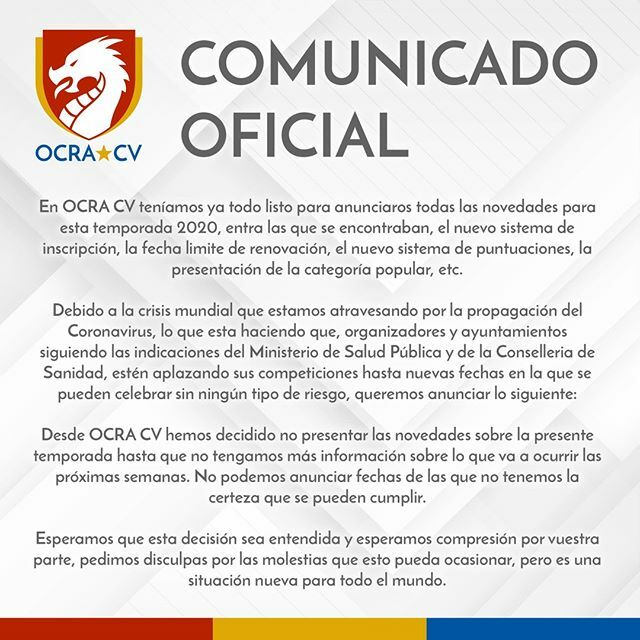 COMUNICADO OFICIAL

En OCRA CV teníamos ya todo listo para anunciaros todas las novedades para esta temporada 2020, entra las que se encontraban, el nuevo sistema de inscripción, la fecha limite de renovación, el nuevo sistema de puntuaciones, la present… ift.tt/2Q947dT