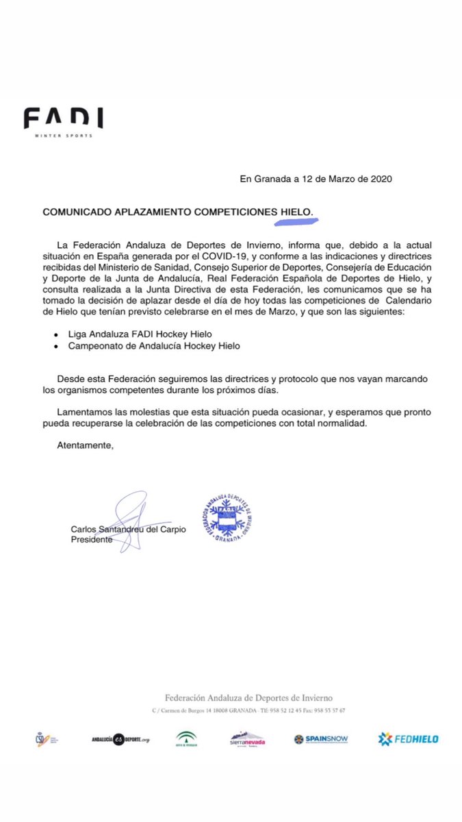 Ante la situación provocada por el Covid-19 y siguiendo las recomendaciones de las autoridades sanitarias, comunicamos el aplazamiento de competiciones de Hielo.