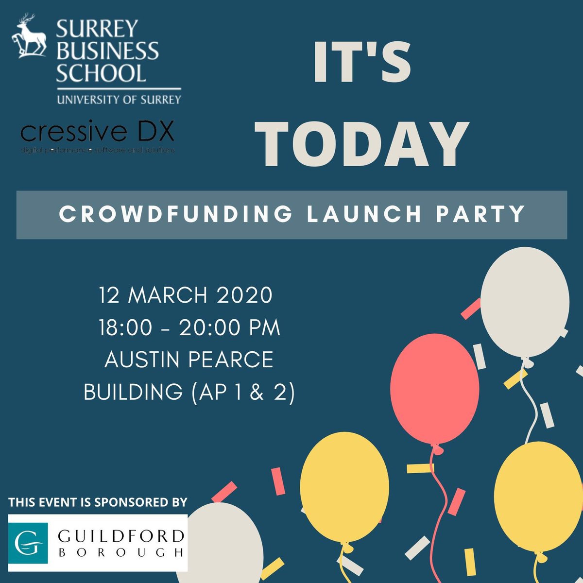 GaggleConnect's tweet photo. See you all today! (AP 1 &amp; 2) 
Let's the #GuildfordCrowdLaunchParty begin 🎉 #guildfordcrowd #surreybusinessschool https://t.co/cvlTDpQ88f