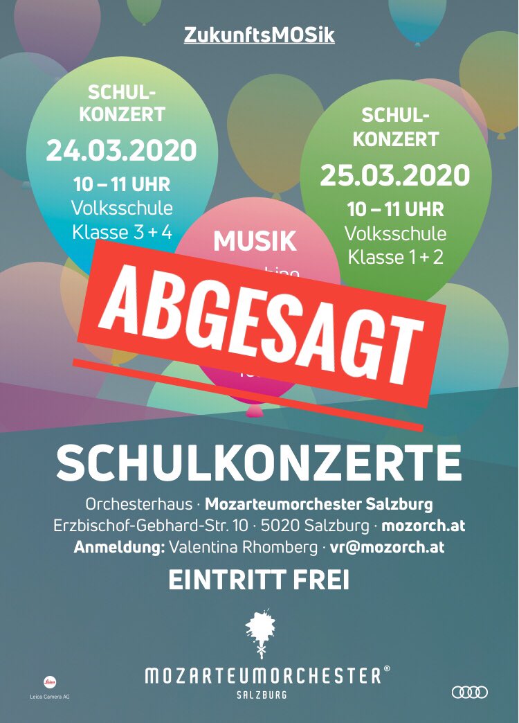 Leider zwingt uns die momentane Situation unsere Schulkonzerte abzusagen. Wir sind schon auf der Suche nach einem Ersatztermin. 
Wir verabschieden uns in die Übezimmer, machen weiter Musik und hoffen, dass wir bald wieder für Euch auf der Bühne stehen können. 🎶❤️