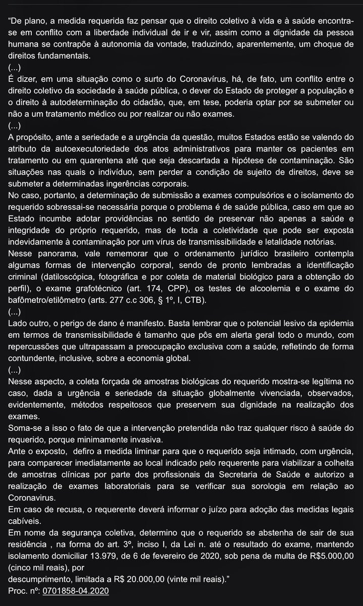 dvsadvogado's tweet photo. JURIS TJDFT: O #TJDFT proferiu decisão q #obriga marido de 1 paciente diagnosticada com #coronavírus (2019-nCoV) a se submeter a #exames p constatar se tb está contaminado e obrigá-lo a ficar em #isolamento domiciliar. Vale a pena transcrever parte da decisão proferida (arraste): https://t.co/B9axGSpwtB