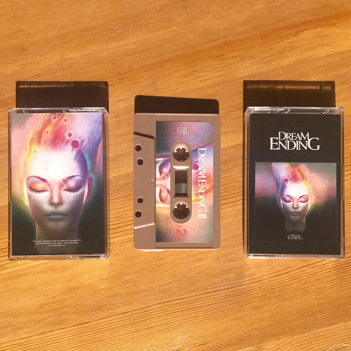 Just got a delivery of ‘Dream Ending II’ cassettes and man do they look sweet! 💙Amazing work from <a href="/signalstarr/">Nick Stewart Hoyle</a> ✨grab one from @dataairlines now! link in bio. Tape rules! #cassette #analog #dreamwave #tape #synth