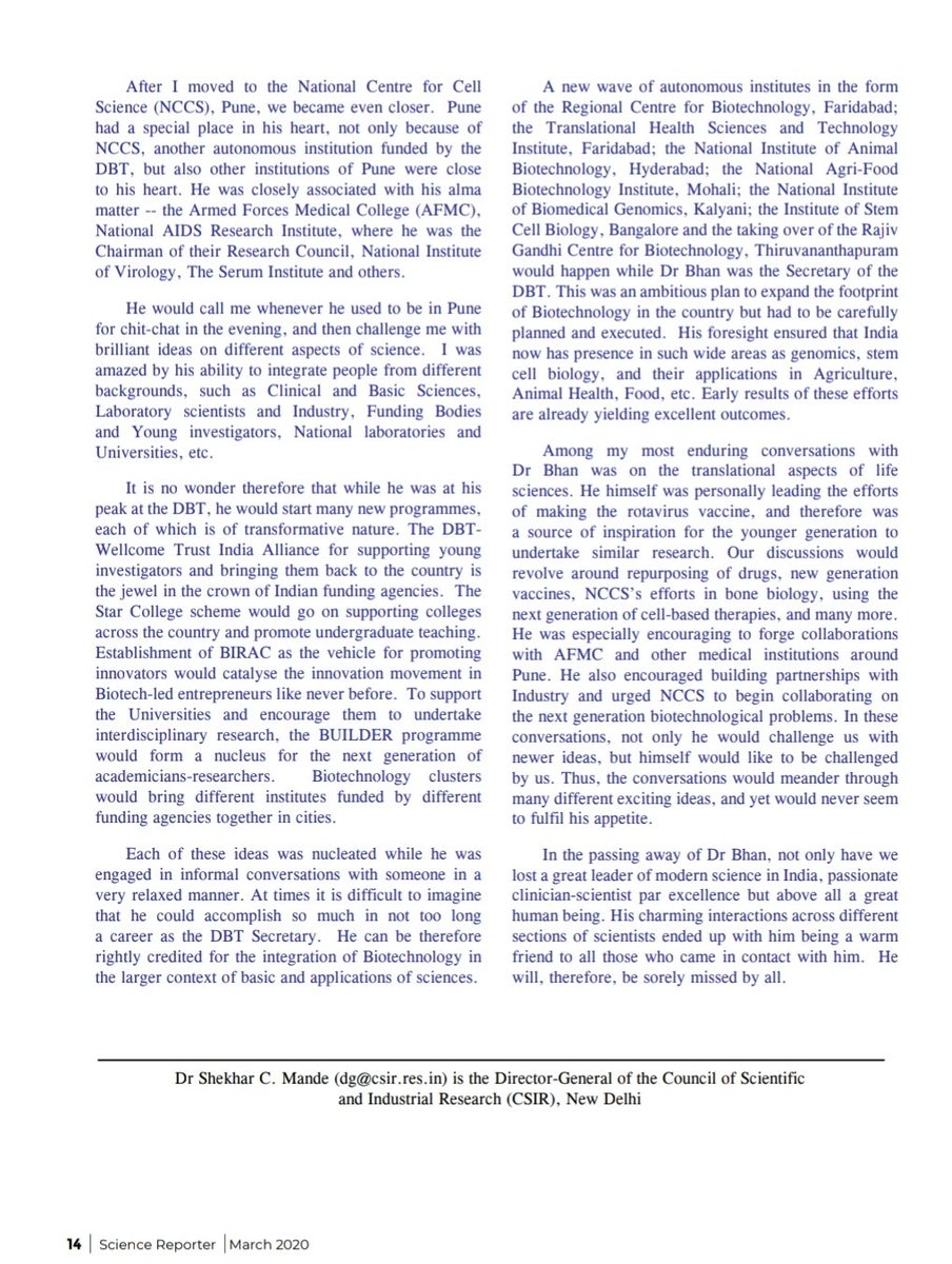 ScienceReporte1's tweet image. @shekhar_mande DG @CSIR_IND reminisces about his close interactions with Dr MK Bhan and his great contributions in establishing biotechnology on a firm footing in India...in the March 2020 issue of #ScienceReporter, published by @CSIR_NISCAIR

@SciComm_India #scicomm