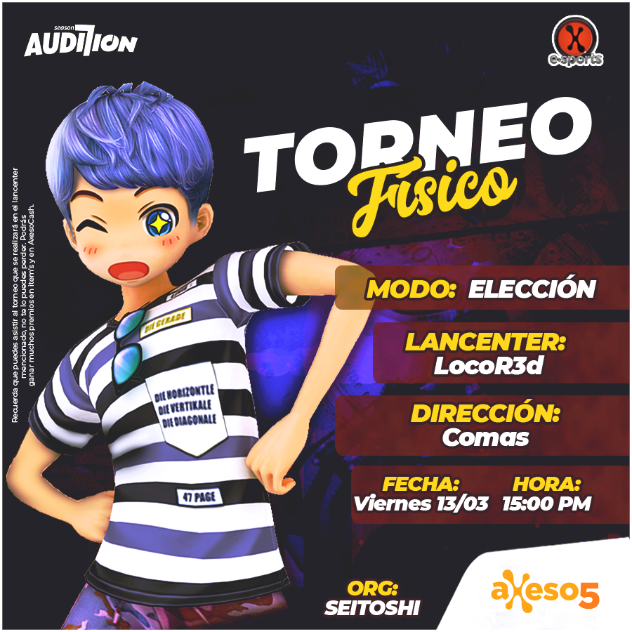 axeso5com's tweet photo. Torneo gratuito! Viernes 13/03/2020, 15.00hs en Comas (Perú). Organiza: Seitoshi
Se sortearán ítems y cash entre los participantes!
Enterate más aquí: https://t.co/P98FPEnn0q

#audition #auditionlatino #axeso5 https://t.co/C2QXn2RznF
