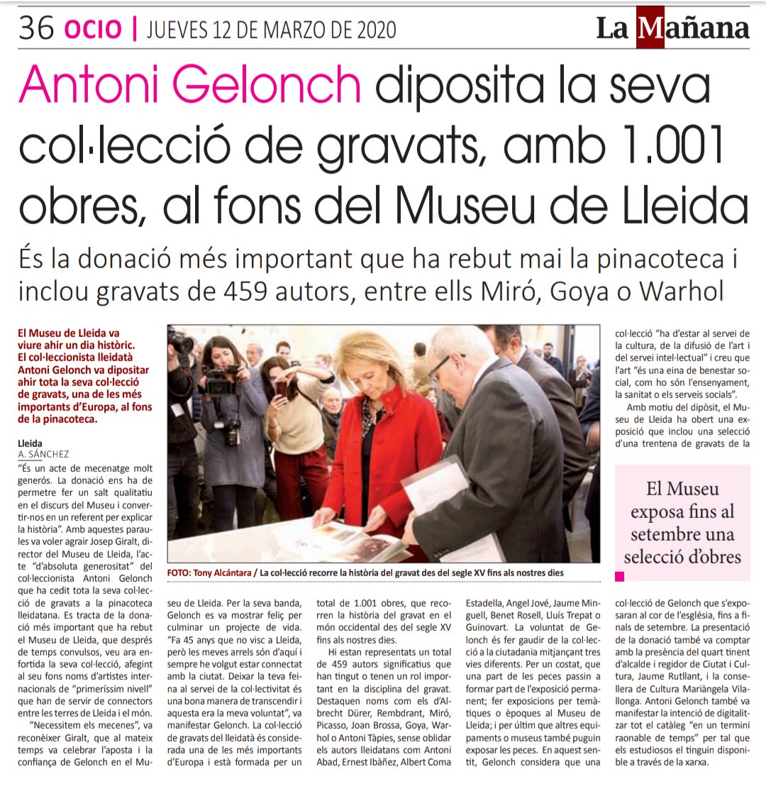 Gran acte de generositat d'Antoni Gelonch (<a href="/Antoni_Gelonch/">Antoni Gelonch</a> ), que ha donat la seva col•lecció de gravats al <a href="/museudelleida/">Museu de Lleida</a>. Avui en fem ressò a <a href="/LaManyanacat/">La Mañana</a>