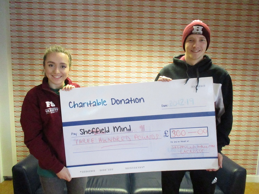 Huge thanks to <a href="/SHUlacrosse/">Sheffield Hallam Women’s Lacrosse</a> team who organised a tournament &amp; raised a collossal £300 for @Sheffieldmind!
What a fabulous achievement. 
And special thanks to the lovely Dan &amp; Frankie, who popped in this morning to present us with the cheque.
#lacrosse